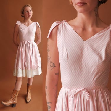 Vintage 50s Pink and White Striped Cotton Sundress with Tie Shoulders / Size XXS 23 24 