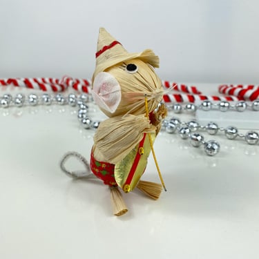 Vintage Corn Husk Retro Mouse Ornament, Mouse Wearing Calico Playing Guitar or Banjo, Kurt S. Adler Straw Mouse Ornament, West Germany 