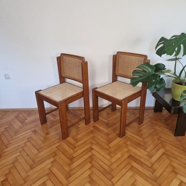 SET of 2 Vintage Brown Wooden Dining Wicker Chairs / Mid Century Dining Room Mesh Chairs / Wicker Seat and Backrest / Italian Design / 1960s 