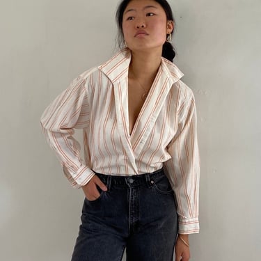 80s linen shirt blouse / vintage white peach striped pinstripe copper collar cotton linen shirt blouse | Medium 