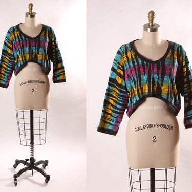 1980s Black and Rainbow Tiger Animal Print Bracelet Sleeve Cropped Pullover Sweatshirt by Contempo Casuals 