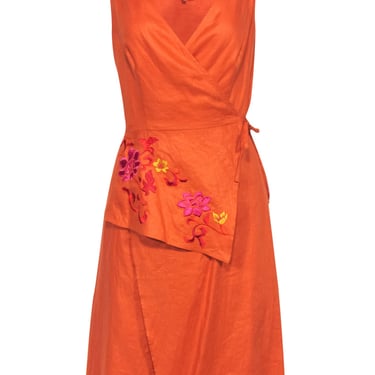 Kenzo - Orange Wrap Dress w/ Floral Embroidery Detail Sz 6
