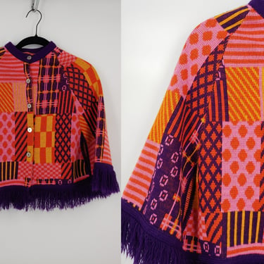 Vintage Seventies Girl&#39;s Colorful Button Up Fringe Poncho  - 70s Kids Acrylic Knit Patchwork Cape 
