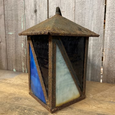 Rustic Rusty Outdoor Lantern With Stained Glass 10” X 6.75” X 6.75”