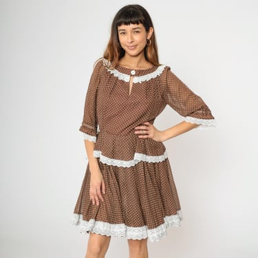 70s Brown Polka Dot Prairie Dress Boho Mini Dress Country Square Dance Cottagecore Minidress High Waist Vintage Bohemian White Medium M 