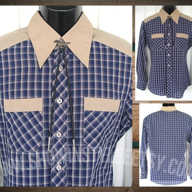 Kennington Western Vintage Men's Cowboy & Rodeo Shirt, Navy Blue and Beige Checked, Tag Size 15.5, Approx. Medium (see meas. photo) 