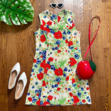 60s Floral Mini Dress / 1960s Summer dress / Size M/L 