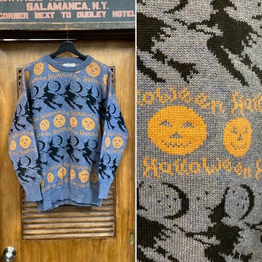 Vintage 1980’s Cartoon Halloween Knit New Wave Wool Witch x Pumpkin Sweater, Rare Design, 80’s Vintage Clothing 