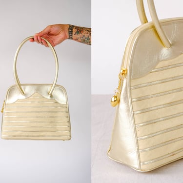 Vintage 80s Artigiani Veneziani Cream Canvas & Light Gold Leather Handbag w/ Large Arch Handles | Made in Italy | 1980s Designer Boho Purse 