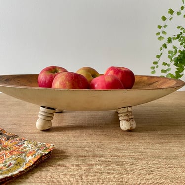 Vintage Footed Wood Bowl - Oval Rustic Bowl - Off White Chippy Paint - Farmhouse Cottage Kitchen - Rustic Fruit Bowl - Centerpiece Bowl 
