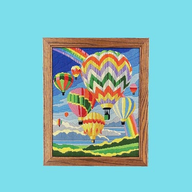 Vintage Always Chasing Rainbows Crewel 1980s Retro Size 23x19 Monarch Horizons + Hot Air Balloons + Embroidery + Handmade Art + Home Decor 