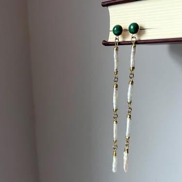 Malachite and Pearl Long Stud Dangles Party Earrings in 14k Goldfilled metal 