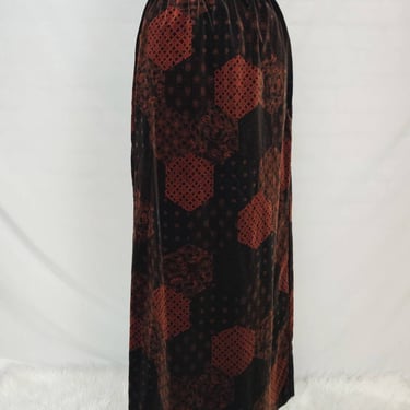 Vintage 70s 80s Velvet Patchwork Midi Skirt // Brown and Orange Quilt High Waisted 