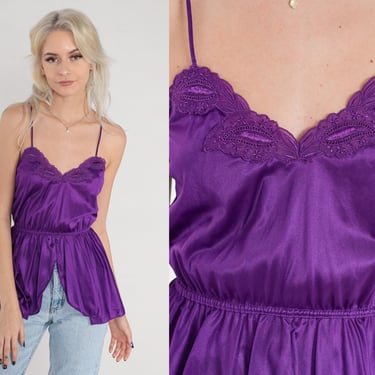 Purple Lingerie Top 80s Camisole Lace Tank Lace Trim Tulip Hem Cami Sleeveless Blouse Sexy Romantic Going Out Party Vintage 1980s Small xs 