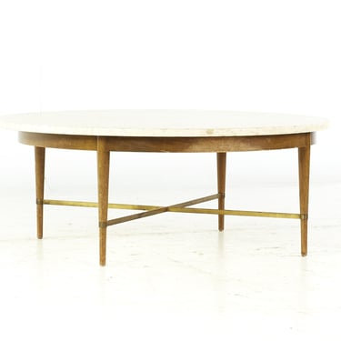 Paul McCobb for Calvin Mid Century Travertine Top Walnut and Brass X Coffee Table - mcm 