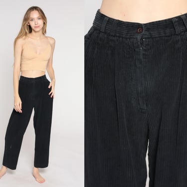 Black Corduroy Pants 80s Trousers High Waisted Straight Leg Boho Retro Preppy Cords Basic Normcore Hipster Vintage 1980s Extra Small XS 2 26 