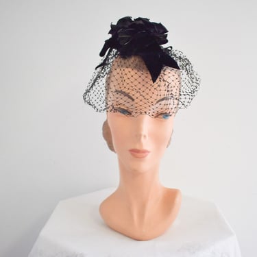 1960s Black Millinery Rose and Netting Whimsy Hat 
