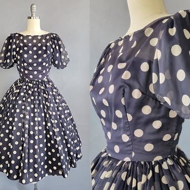1950s Polka Dot Dress / 1950s Navy and White Polka Dot Dress / Puff Sleeve Dress / 1950s Fit & Flare Dress / Size X-S Extra Small 