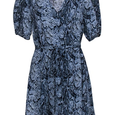 Reformation - Blue Snakeskin Print Ruched Sleeve Wrap Dress Sz 1X