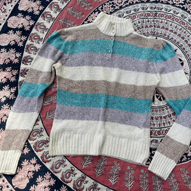 Vintage early ‘80s silk & angora striped sweater | muted colors, pastel aesthetic, gathered shoulders, S/M 