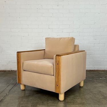 Vintage oak and velvet lounge chair 