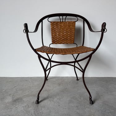 Vintage Horseshoe Form Wrought Iron and Brass Armchair with Woven Leather Seat and Back 