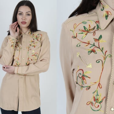 50s California Ranchwear Pearl Snap Cowboy Shirt, Colorful Floral Embroidered Western Top Size 15 