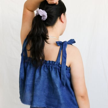 zero waste indigo linen tie strap tank top ~ plant dyed with natural indigo ~ made with fabric scraps in detroit 