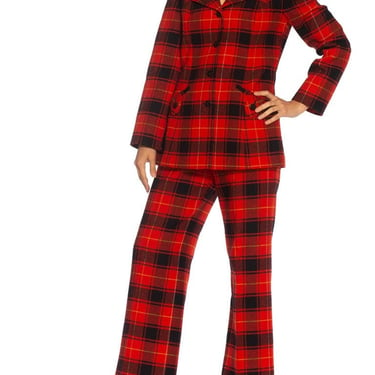 1960S Pendleton Red  Black Plaid Wool Fully Lined, Wide Lapel Pant Suit 