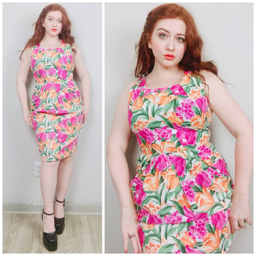 1990s Vintage Robbie Bee Pink and Orange Floral Wiggle Dress / 90s / Cotton Fitted Bodice Pencil Skirt Dress / Size Large 
