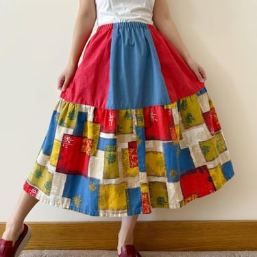 vintage skirt midi skirt 80s retro vintage style patched homemade handmade red blue abstract color block a line skirt size S/M 