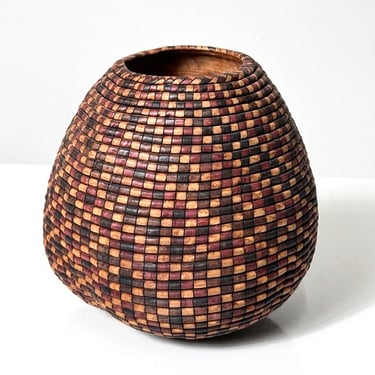 American Studio Craft Turned Wood Basket Illusion Vessel Bowl by David Nittmann 1990s 
