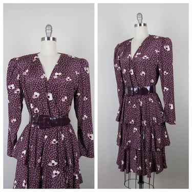 Vintage 1980s floral dress, tiered, peplum, wide belt, dressy, rayon, evening 