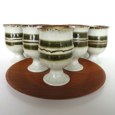 Set Of 5 Otagiri Stoneware Goblets, Vintage Japanese Pottery Pedestal Cups With Green Stripes 