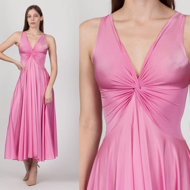 70s Pink Twist Front Slip Dress - Extra Small | Vintage Negligee Maxi Nightgown 