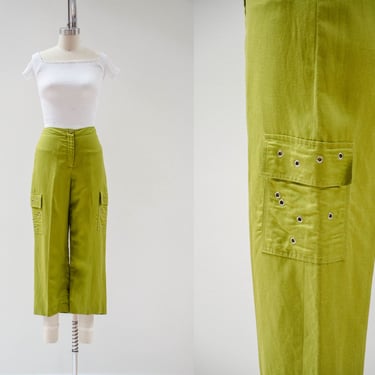 green linen pants | 90s y2k vintage pea lime green loose baggy wide leg cropped cargo pants 