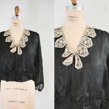 1920s Black Silk Blouse with Lace Collar 