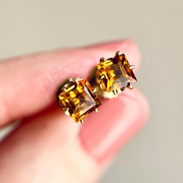 Sweet Antique 14K Gold 5mm Square Cut Citrine Stud Earrings, Estate Edwardian 