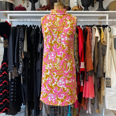 vintage 1960s mod sheath dress, pink and sienna psychedelic print, reverse collar, retro style, size small, twiggy, slinky nylon 