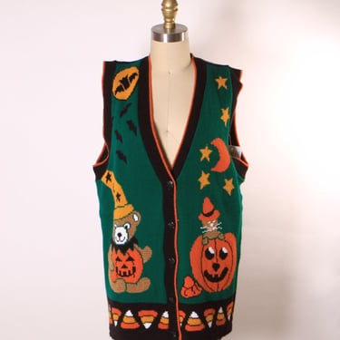 1980s Green, Black and Orange Novelty Cat, Bear, Jack-o-Lantern and Candy Corn Halloween Vest by J.Poole -M 