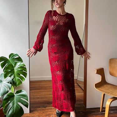 60s Crimson Crochet Maxi Gown | M