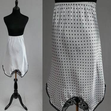 80s Satin Skirt Slip - White with Black Polka Dots - Lace Sequins Beads Half Slip - Dawn to Dusk - Vintage 1980s - S 