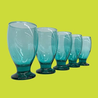 Vintage Drinking Glasses Retro 1970s Mid Century Modern + Libbey + Blue Green + Glass + Footed + Set of 5 + Beer Glasses + Barware + MCM Bar 