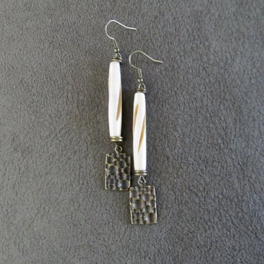 Cream hairpin bone and hammered bronze earrings 