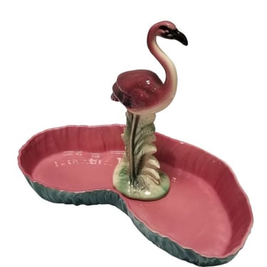 Mid Century Pink and Green Flamingo Ceramic Figurine in Flamingo Pool Tray. 