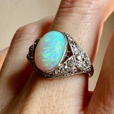 Stunning Fine Antique Art Deco Platinum 2.68 Ct Opal & Diamond Ring Sz 8.25 6.3g 