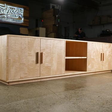 Bell Console, Modern Sideboard, Mid Century Media Cabinet, Modern Solid Wood Buffet (Shown in Curly Maple) 