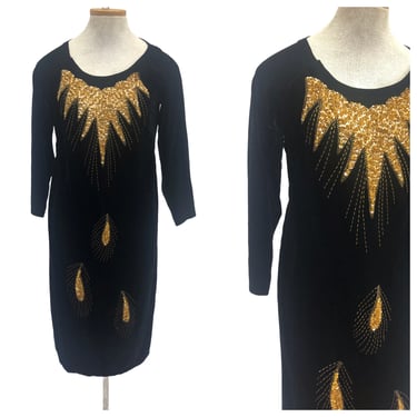 Vintage VTG 1970s 70s Black Velvet Gold Sequin Ao Dai Dress 