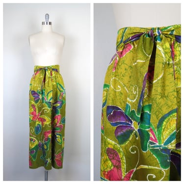 Vintage 1970s cotton maxi skirt Alice Polynesian Hawaiian batik butterfly print colorful flower power 