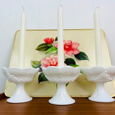 Vintage Milk Glass Candlestick Holder set of 3, 1950s Indiana Glass Co., panel design w Grapes, for wedding, cottagecore, home, decor, gift 